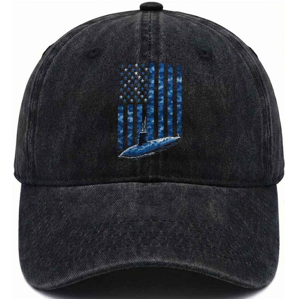Patriotic Submarine Veteran Washed Cotton Baseball Cap Submariner Vintage Camo American Flag