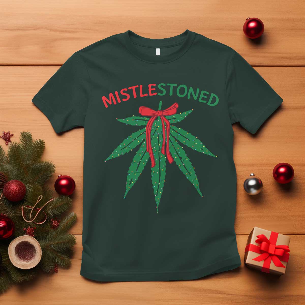Funny Weed Christmas T Shirt Mistlestoned Mistletoe Led Lights - Wonder Print Shop