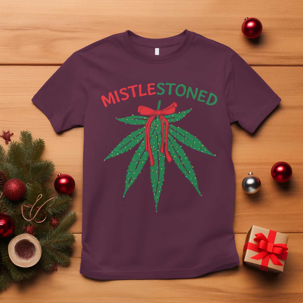 Funny Weed Christmas T Shirt Mistlestoned Mistletoe Led Lights - Wonder Print Shop