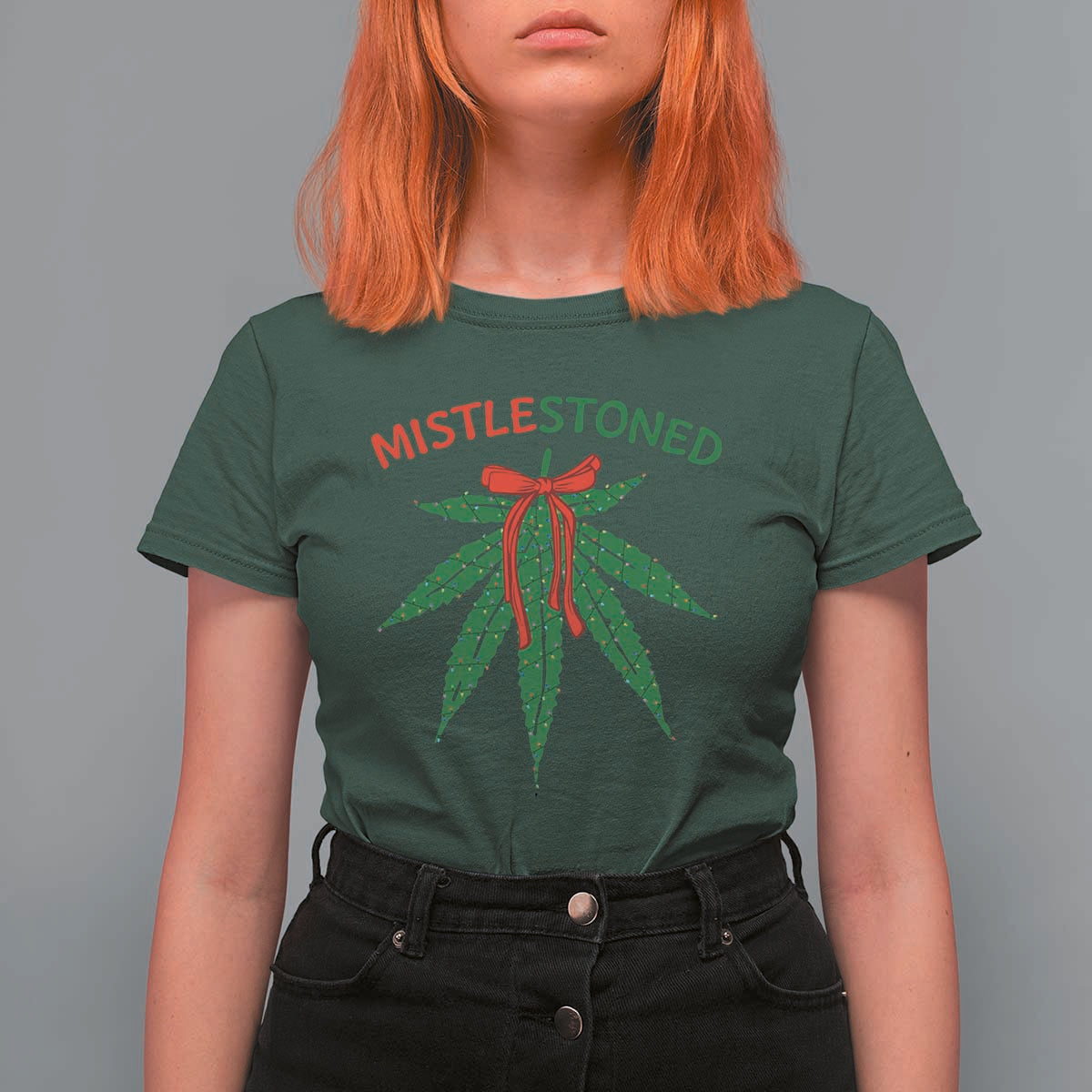 Funny Weed Christmas T Shirt For Women Mistlestoned Mistletoe Led Lights - Wonder Print Shop