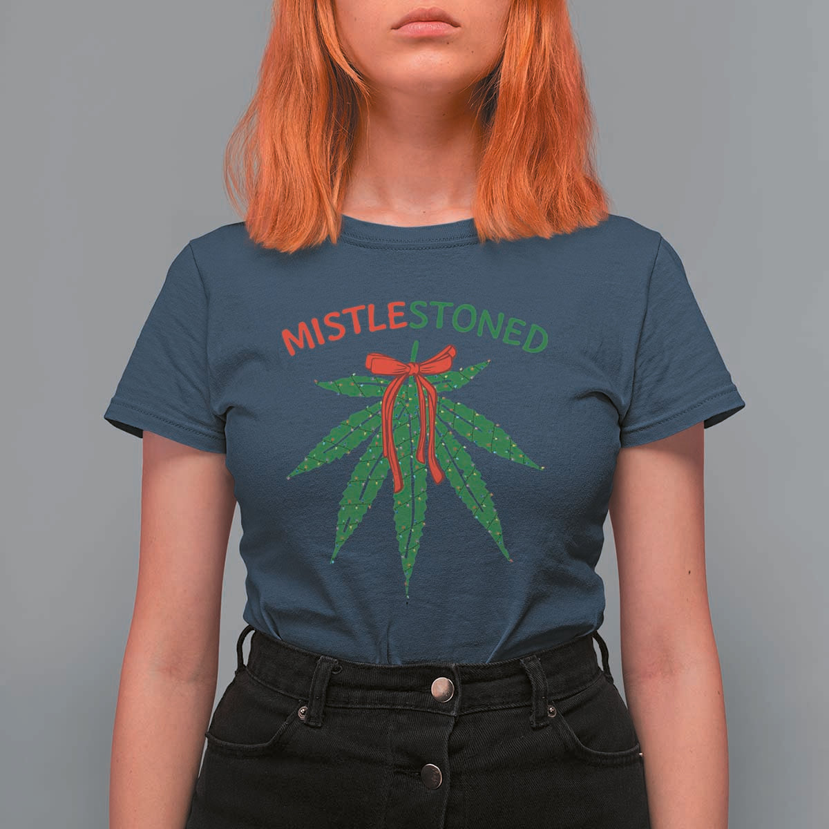 Funny Weed Christmas T Shirt For Women Mistlestoned Mistletoe Led Lights - Wonder Print Shop