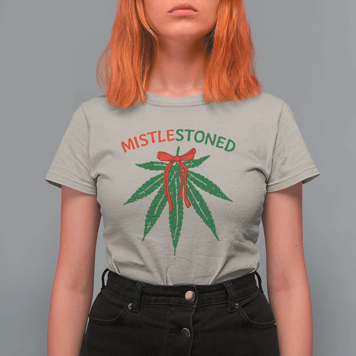 Funny Weed Christmas T Shirt For Women Mistlestoned Mistletoe Led Lights - Wonder Print Shop