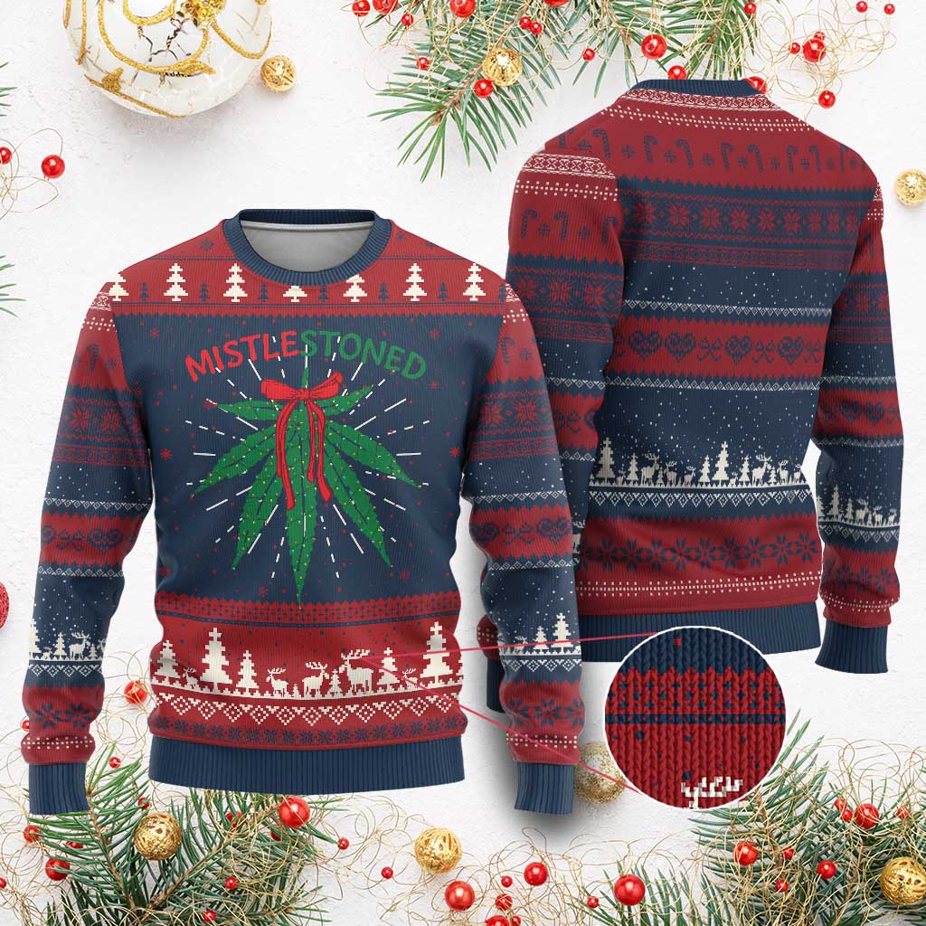 Funny Weed Xmas Ugly Christmas Sweater Mistlestoned Mistletoe Led Lights - Wonder Print Shop