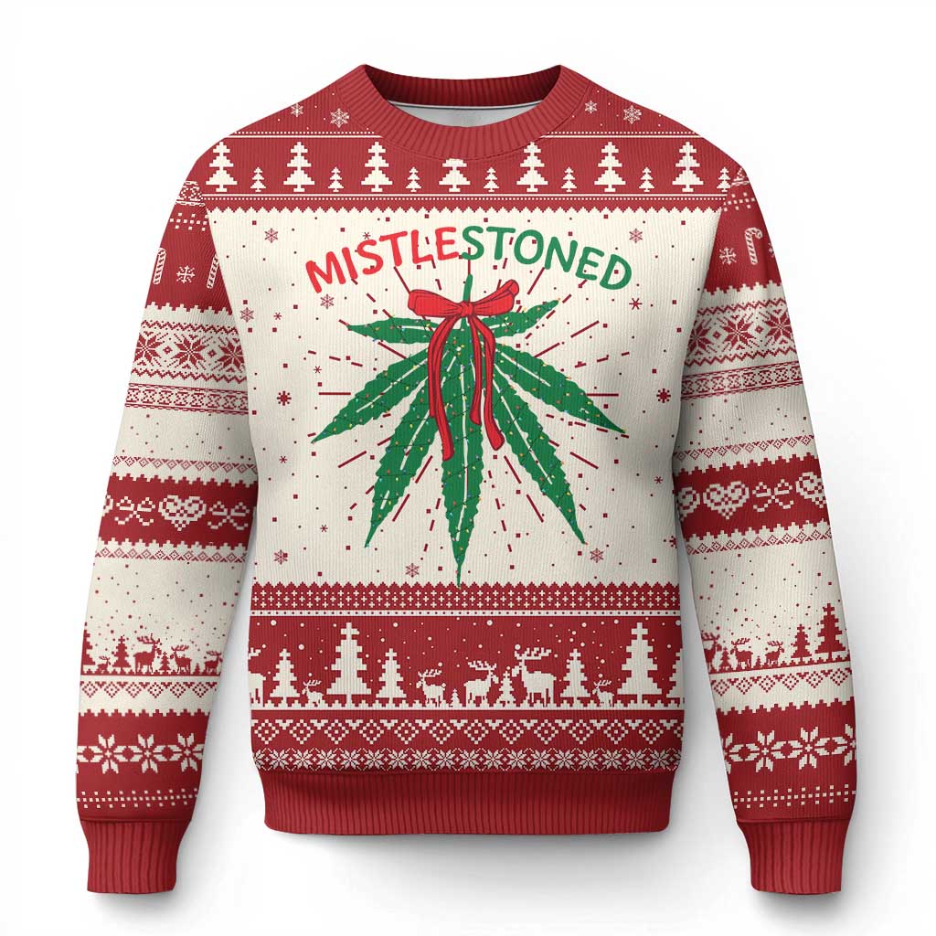 Funny Weed Xmas Ugly Christmas Sweater Mistlestoned Mistletoe Led Lights - Wonder Print Shop
