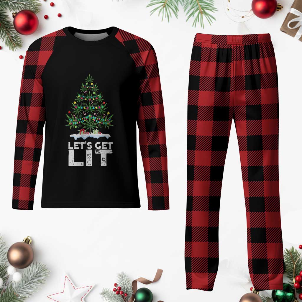 Funny Christmas Weed Plaid Pajama Set Let's Get Lit Weeds Xmas Tree - Wonder Print Shop