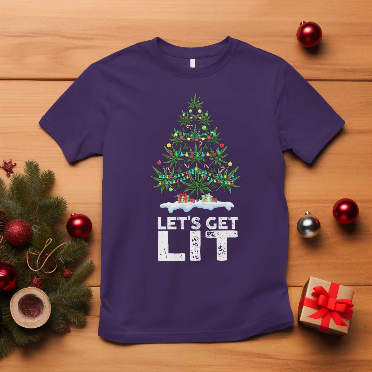 Funny Christmas Weed T Shirt Let's Get Lit Weeds Xmas Tree - Wonder Print Shop