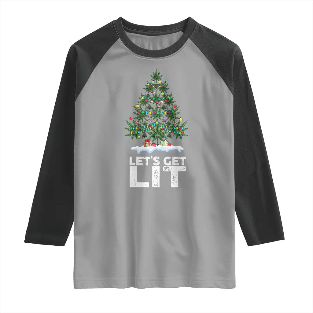 Funny Christmas Weed Raglan Shirt Let's Get Lit Weeds Xmas Tree - Wonder Print Shop