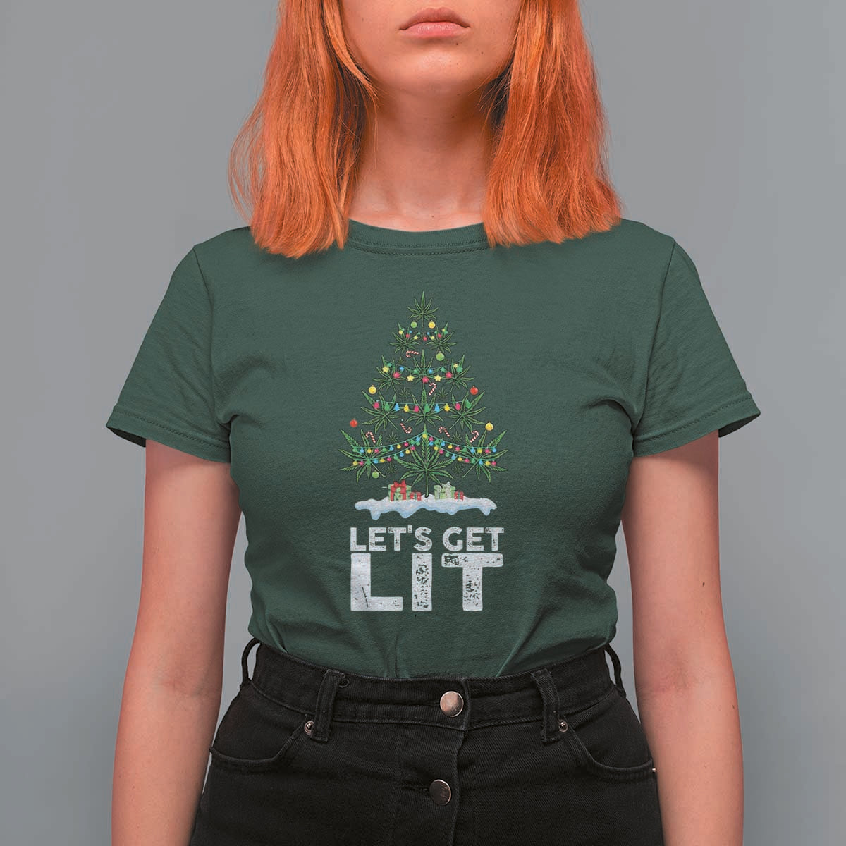 Funny Christmas Weed T Shirt For Women Let's Get Lit Weeds Xmas Tree - Wonder Print Shop
