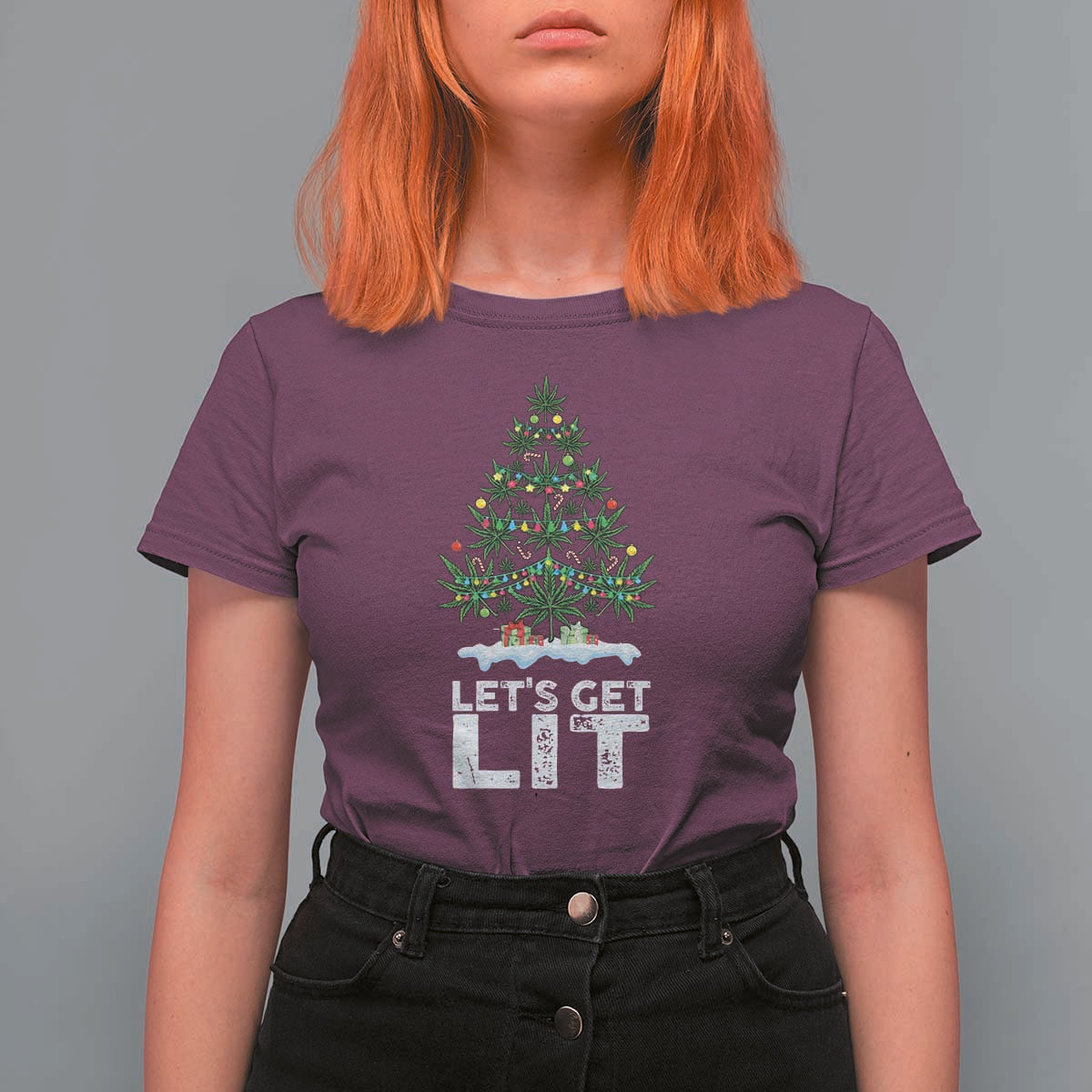 Funny Christmas Weed T Shirt For Women Let's Get Lit Weeds Xmas Tree - Wonder Print Shop