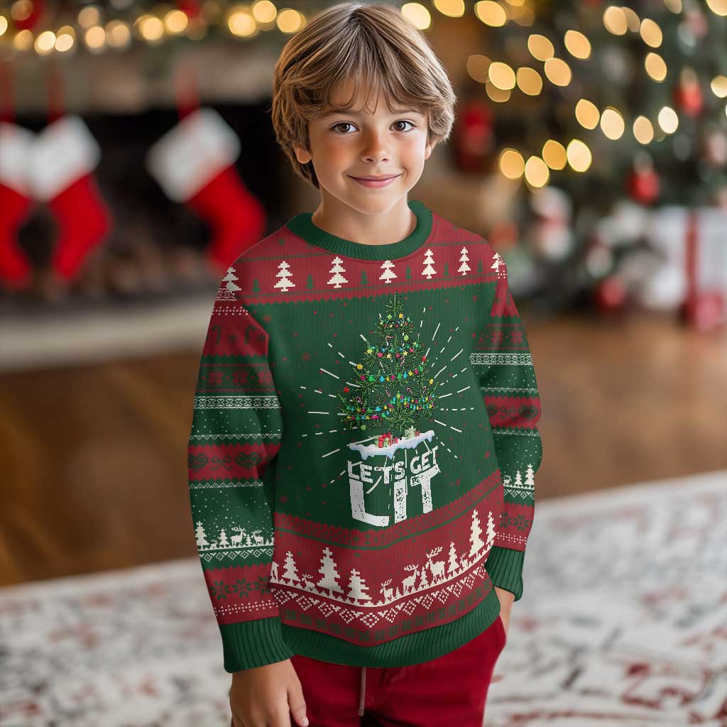 Funny Xmas Weed Ugly Christmas Sweater Let's Get Lit Weeds Xmas Tree - Wonder Print Shop