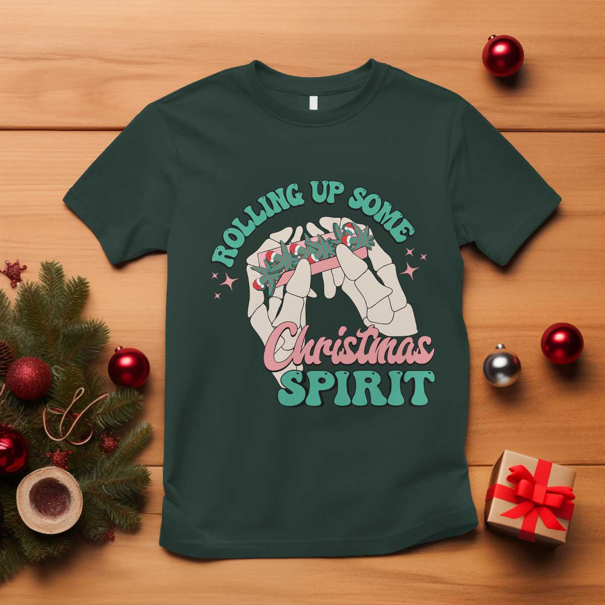 Funny Weed Christmas T Shirt Rolling Up Some Christmas Spirit Skeleton Hand - Wonder Print Shop