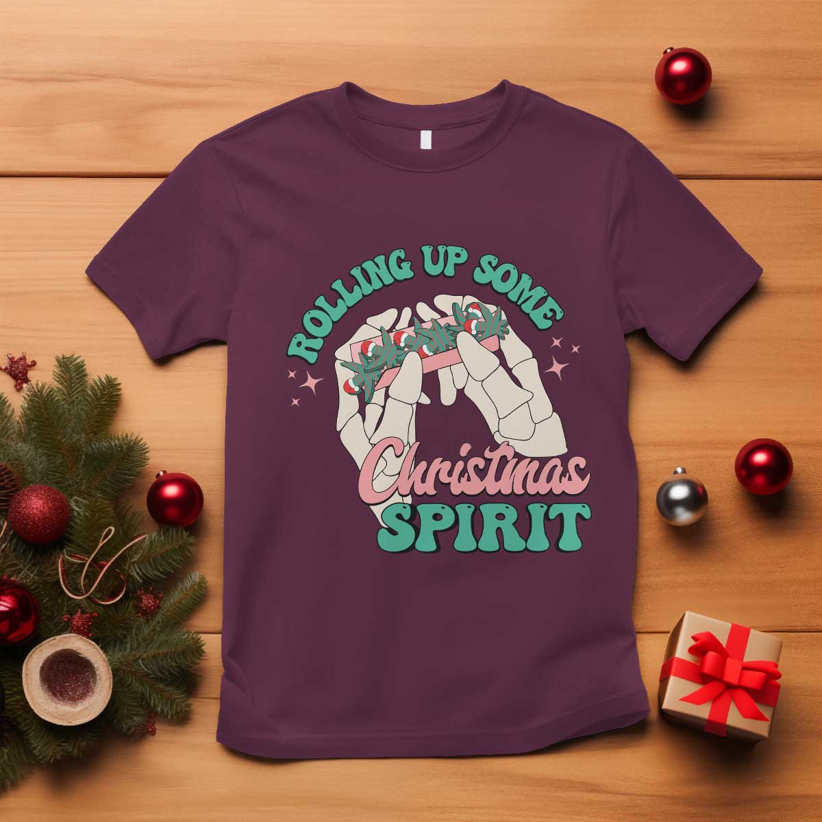Funny Weed Christmas T Shirt Rolling Up Some Christmas Spirit Skeleton Hand - Wonder Print Shop