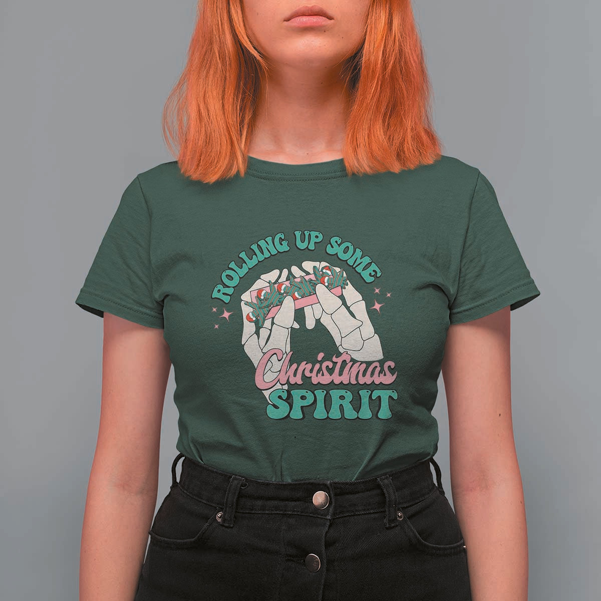 Funny Weed Christmas T Shirt For Women Rolling Up Some Christmas Spirit Skeleton Hand - Wonder Print Shop