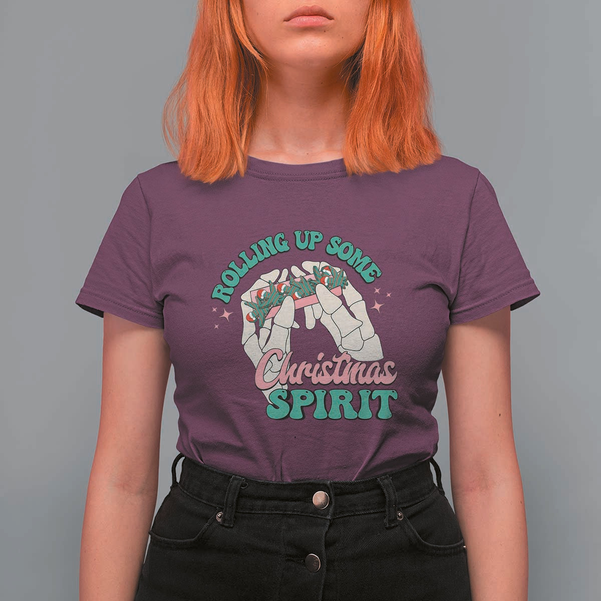 Funny Weed Christmas T Shirt For Women Rolling Up Some Christmas Spirit Skeleton Hand - Wonder Print Shop