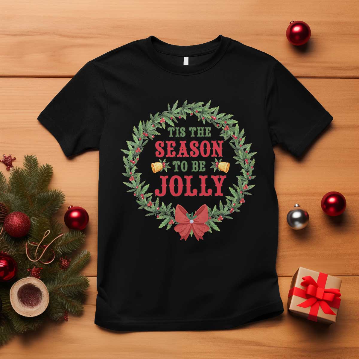 Funny Weed Christmas T Shirt Tis The Season To Be Jolly Xmas Wreath - Wonder Print Shop