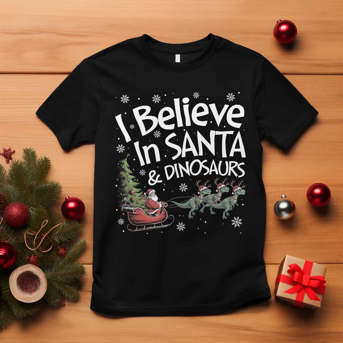 Funny Christmas Dino T Shirt I Believe In Santa And Dinosaur - Wonder Print Shop