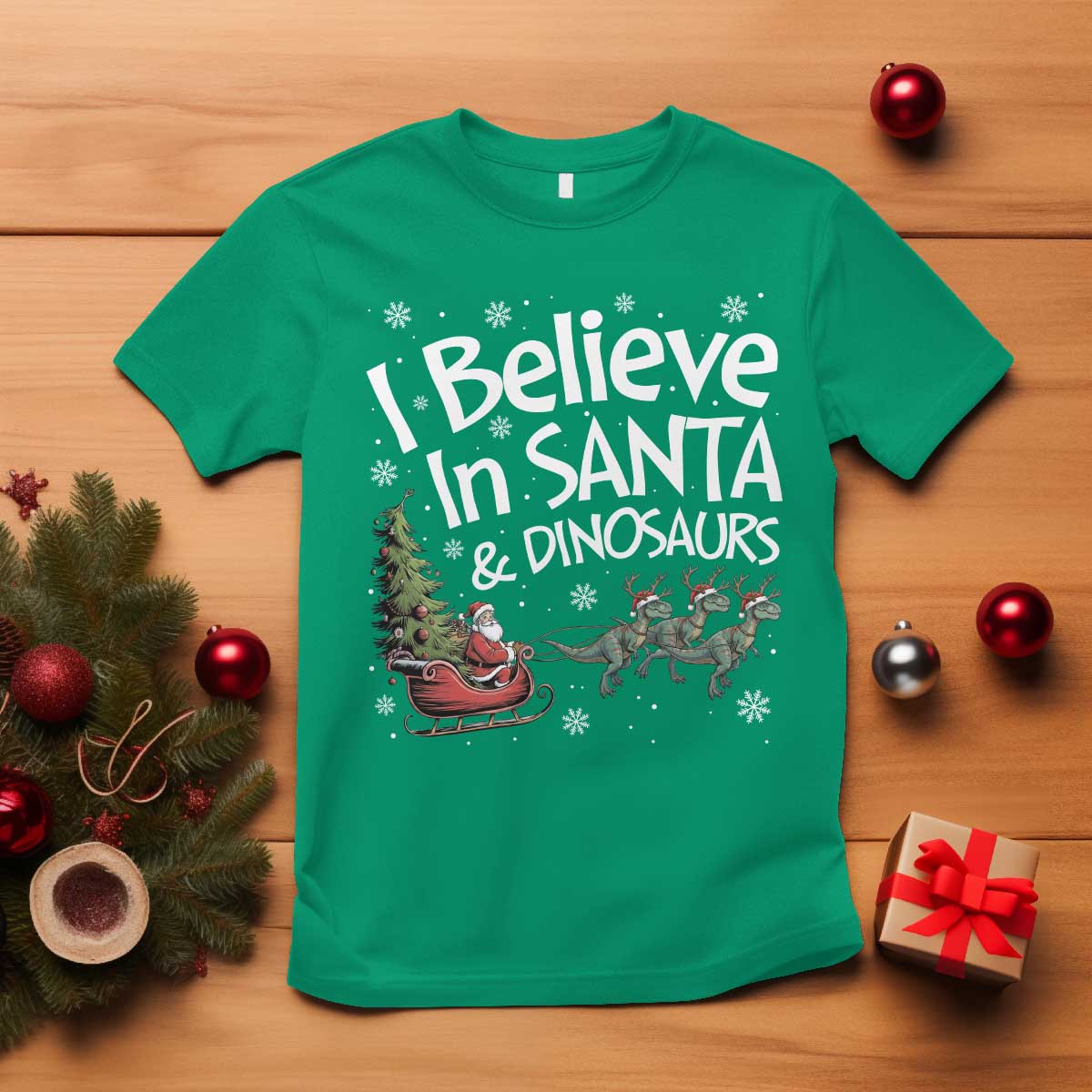 Funny Christmas Dino T Shirt I Believe In Santa And Dinosaur - Wonder Print Shop
