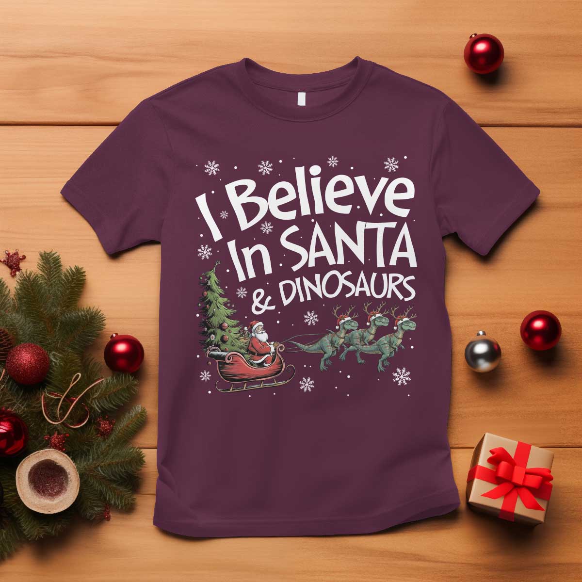 Funny Christmas Dino T Shirt I Believe In Santa And Dinosaur - Wonder Print Shop