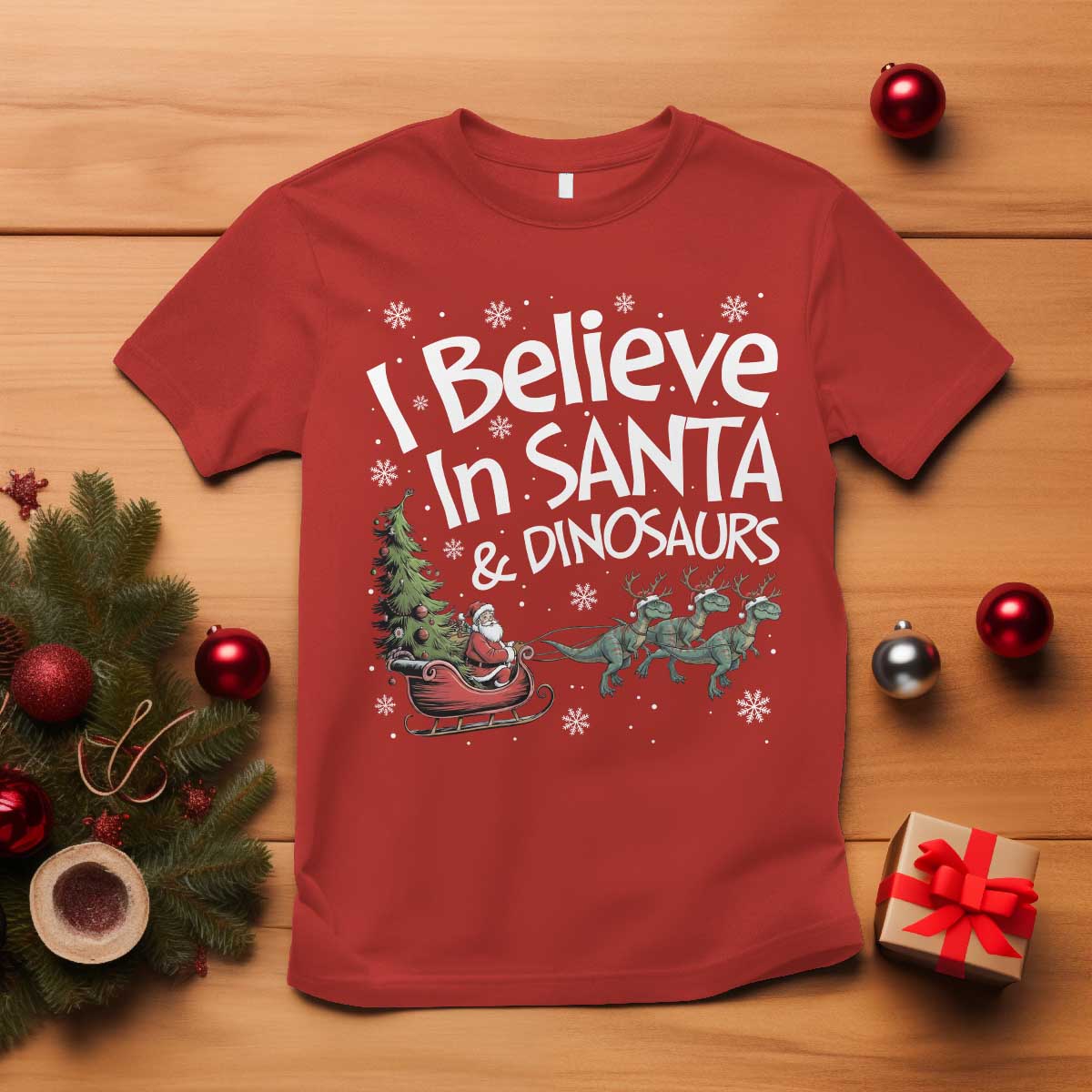 Funny Christmas Dino T Shirt I Believe In Santa And Dinosaur - Wonder Print Shop