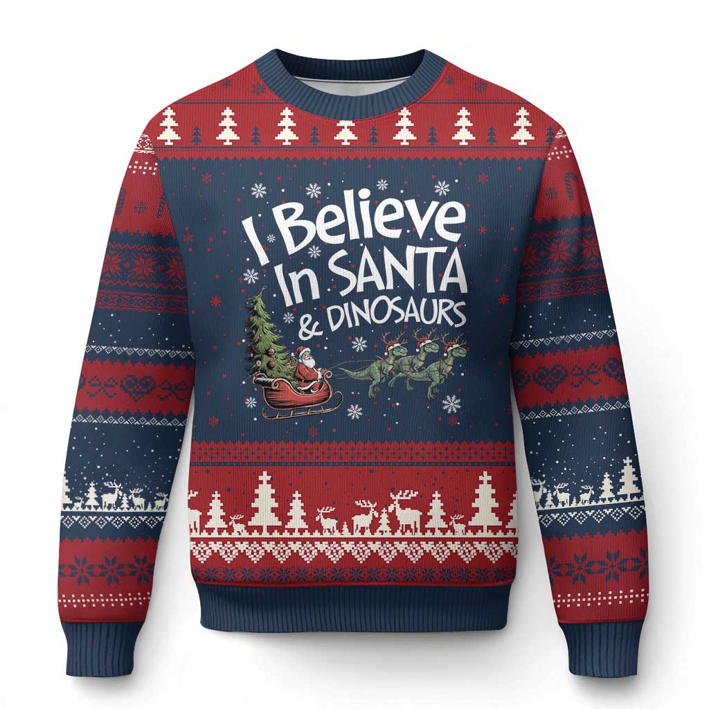 Funny Christmas Dino Ugly Christmas Sweater I Believe In Santa And Dinosaur - Wonder Print Shop