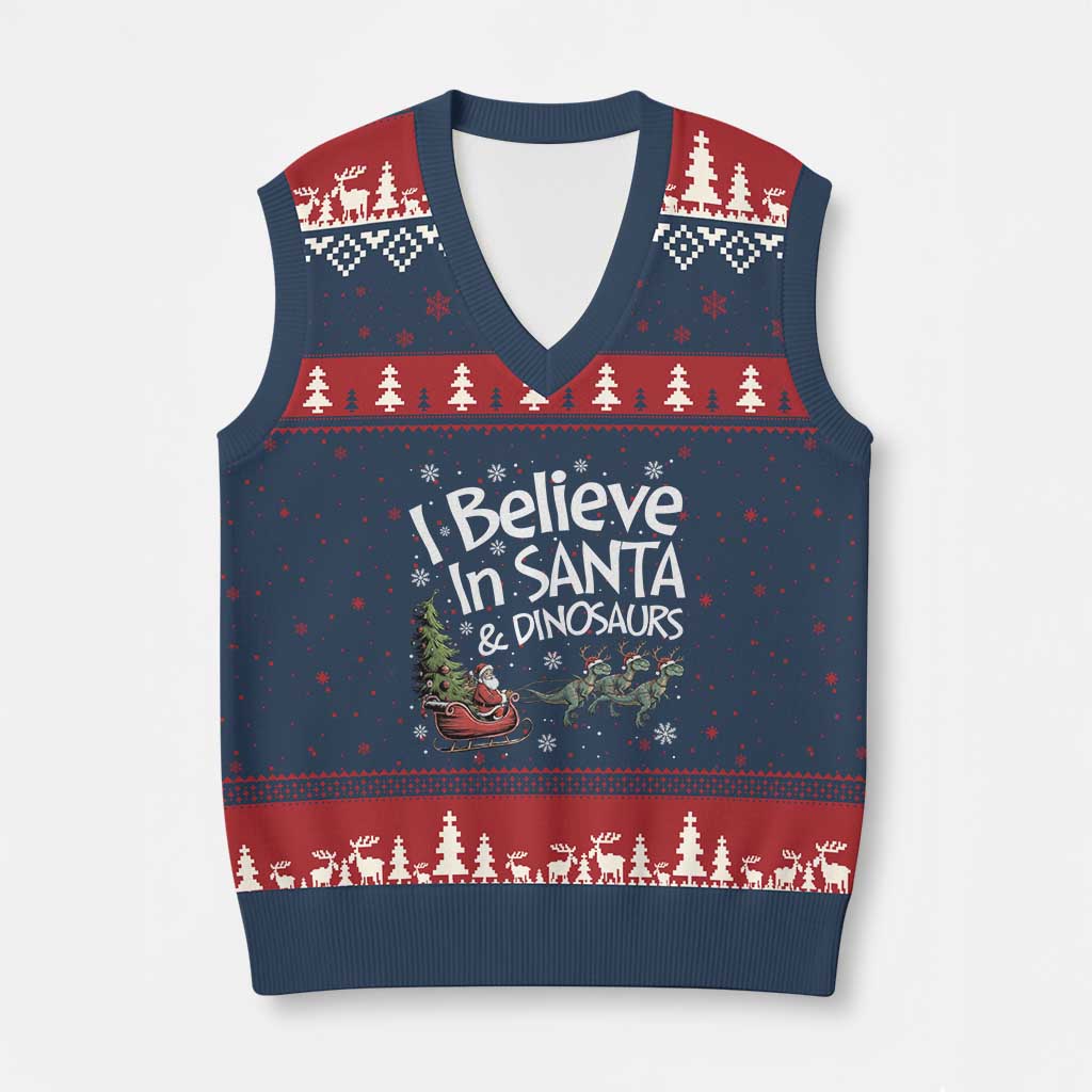 Funny Christmas Dino V-Neck Knit Sweater Vest I Believe In Santa And Dinosaur - Wonder Print Shop