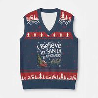 Funny Christmas Dino V-Neck Knit Sweater Vest I Believe In Santa And Dinosaur - Wonder Print Shop