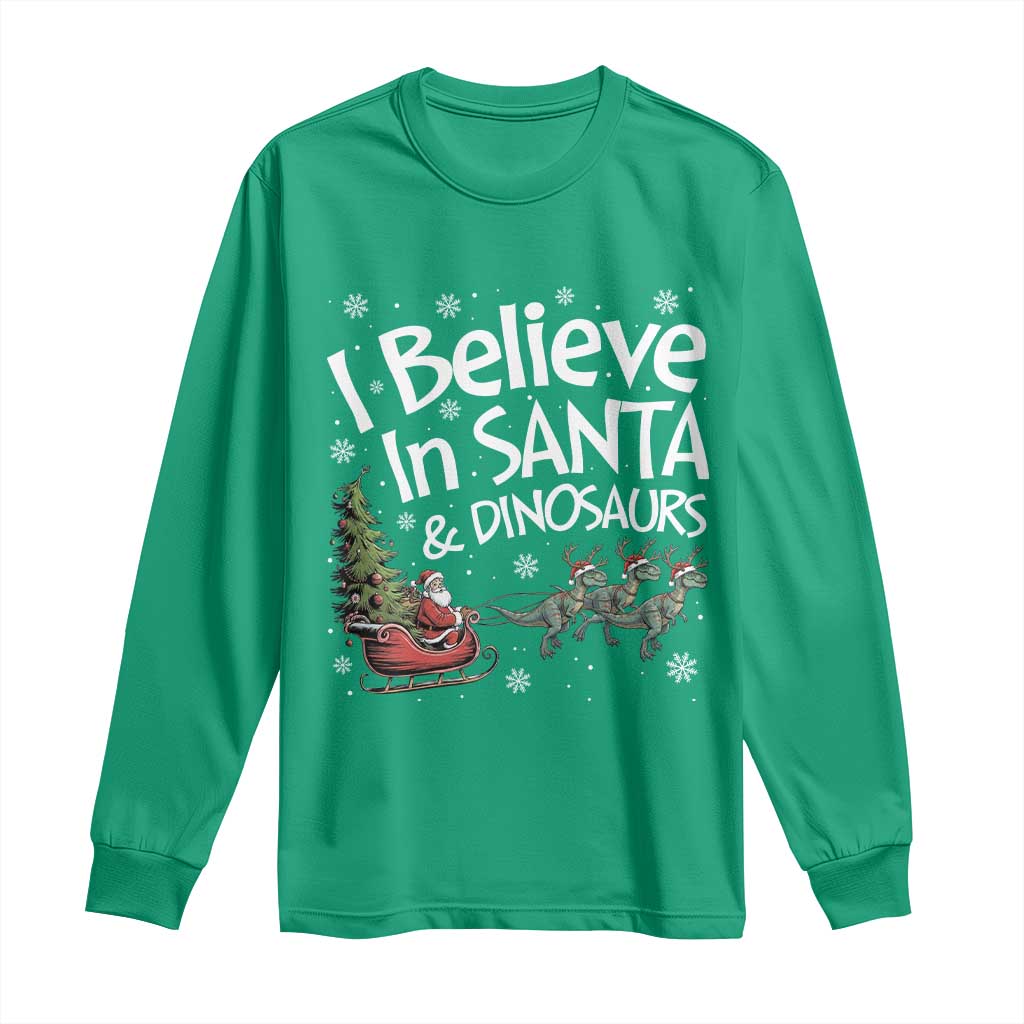 Funny Christmas Dino Long Sleeve Shirt I Believe In Santa And Dinosaur - Wonder Print Shop
