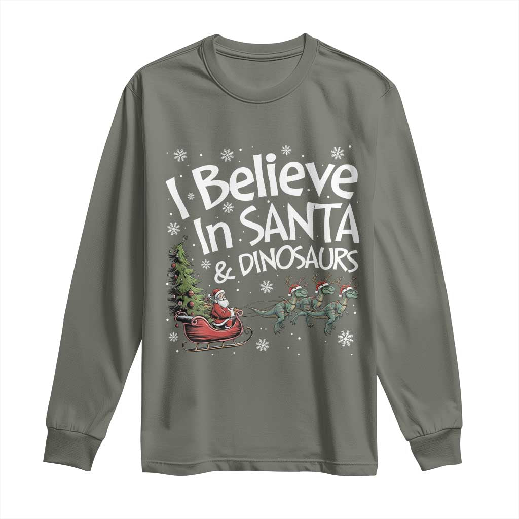 Funny Christmas Dino Long Sleeve Shirt I Believe In Santa And Dinosaur - Wonder Print Shop