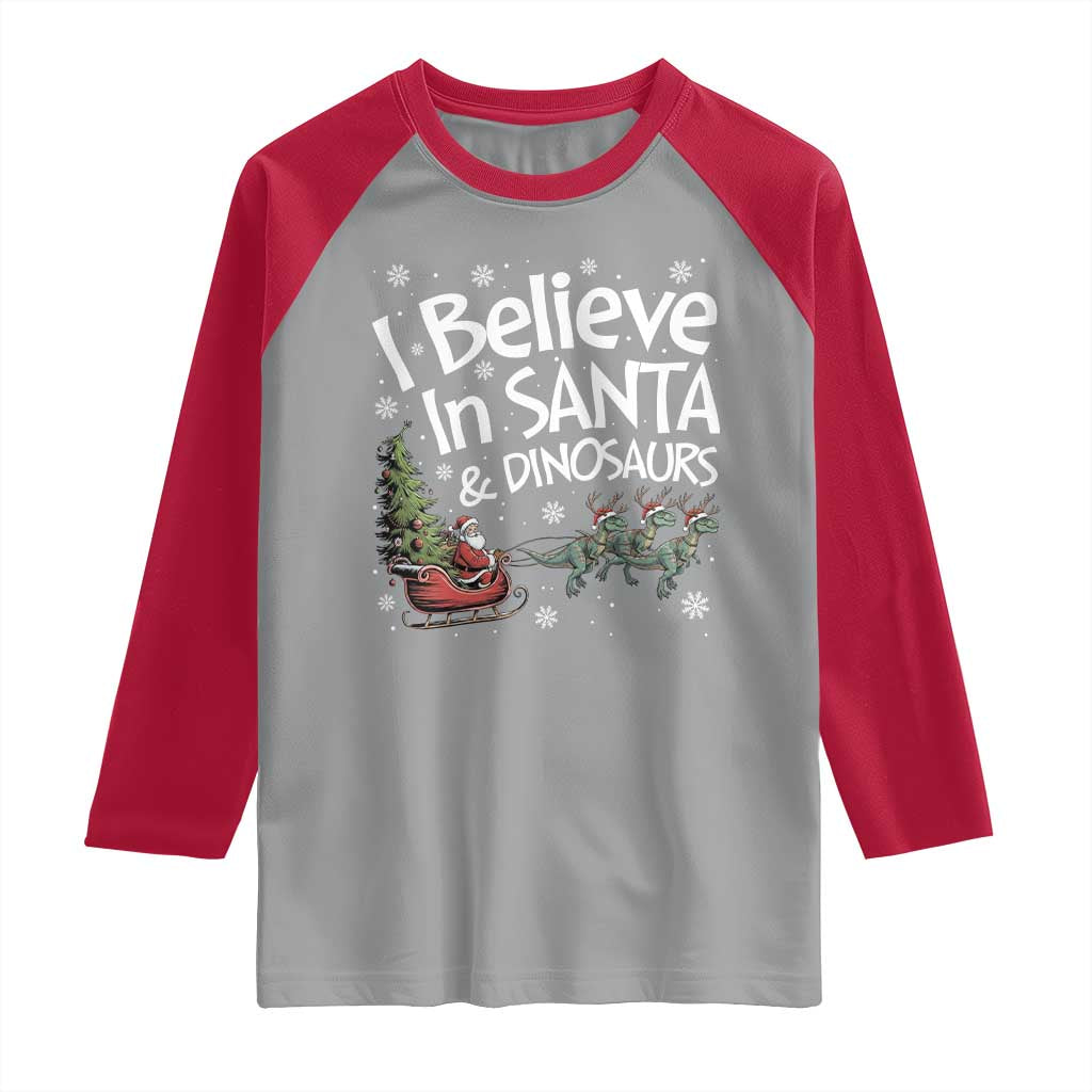 Funny Christmas Dino Raglan Shirt I Believe In Santa And Dinosaur - Wonder Print Shop