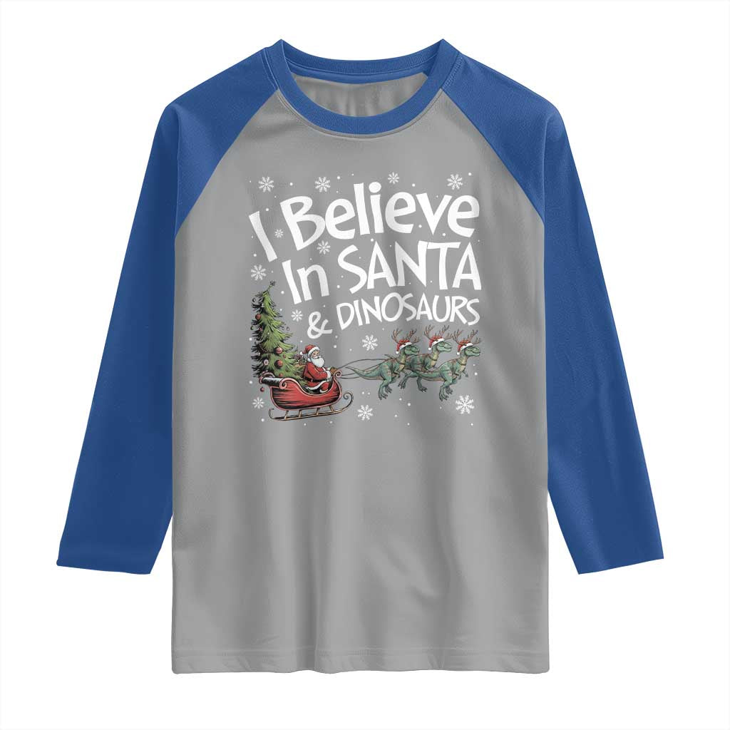 Funny Christmas Dino Raglan Shirt I Believe In Santa And Dinosaur - Wonder Print Shop