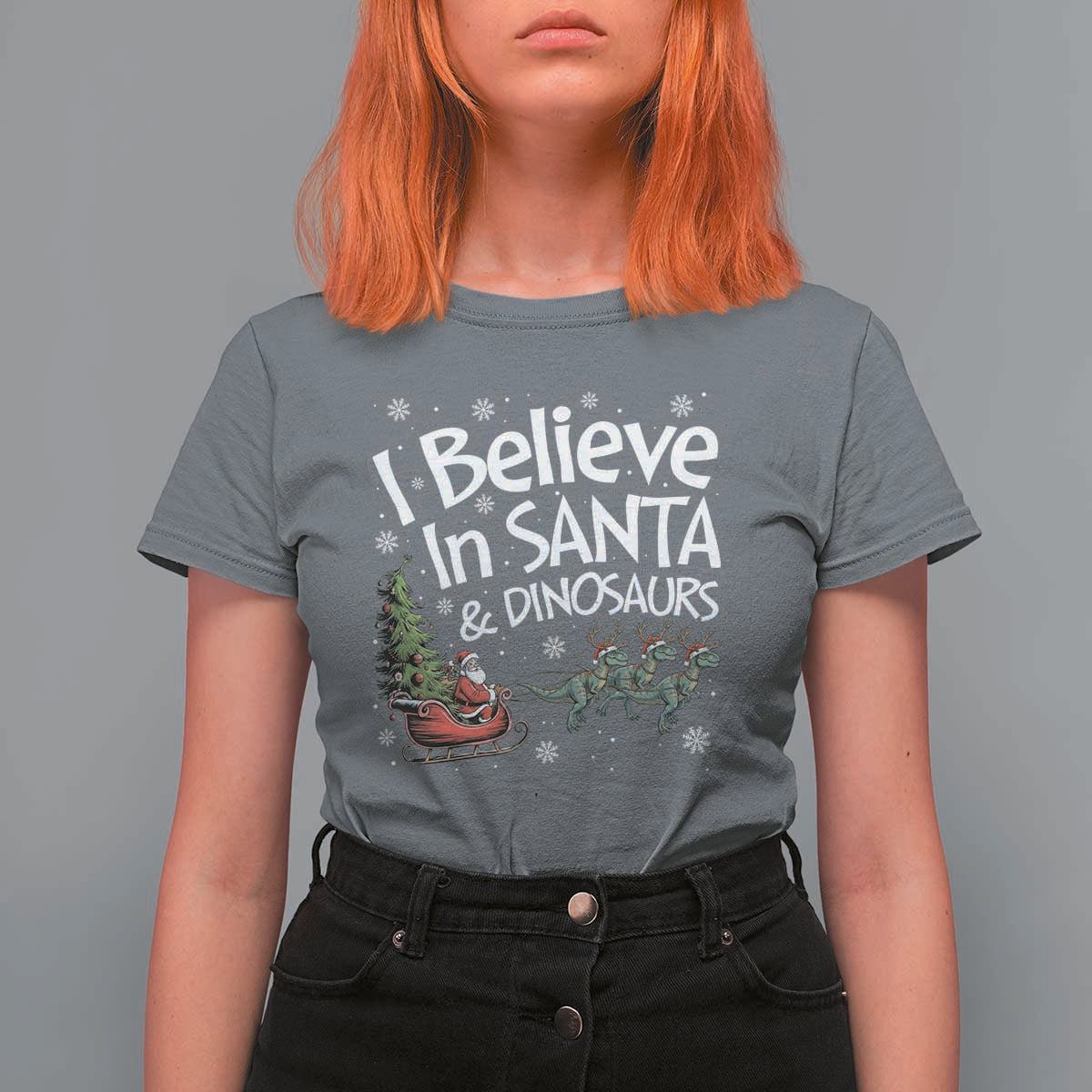 Funny Christmas Dino T Shirt For Women I Believe In Santa And Dinosaur - Wonder Print Shop