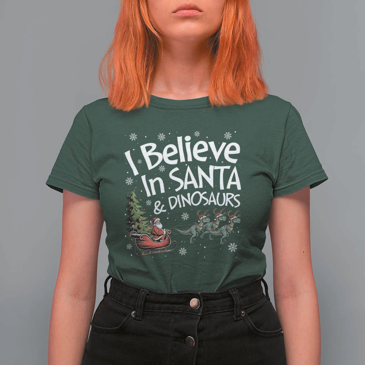 Funny Christmas Dino T Shirt For Women I Believe In Santa And Dinosaur - Wonder Print Shop