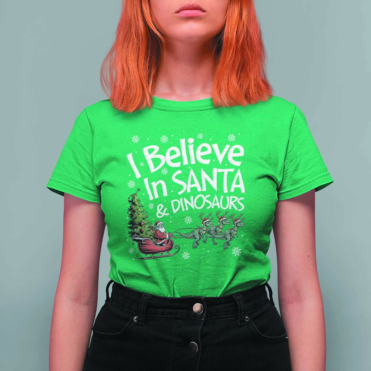 Funny Christmas Dino T Shirt For Women I Believe In Santa And Dinosaur - Wonder Print Shop