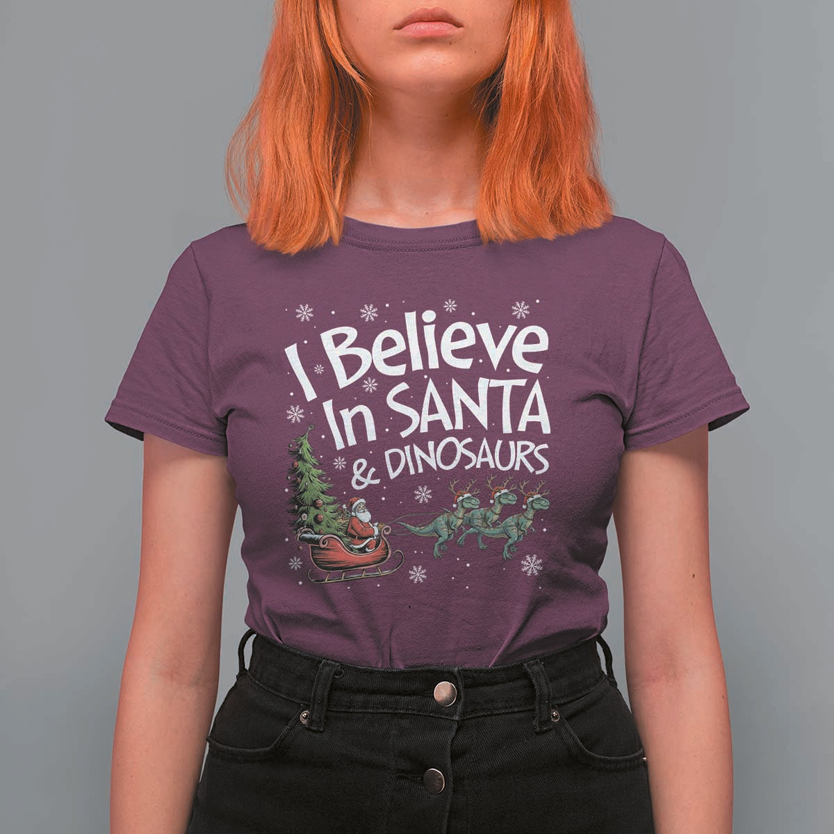 Funny Christmas Dino T Shirt For Women I Believe In Santa And Dinosaur - Wonder Print Shop