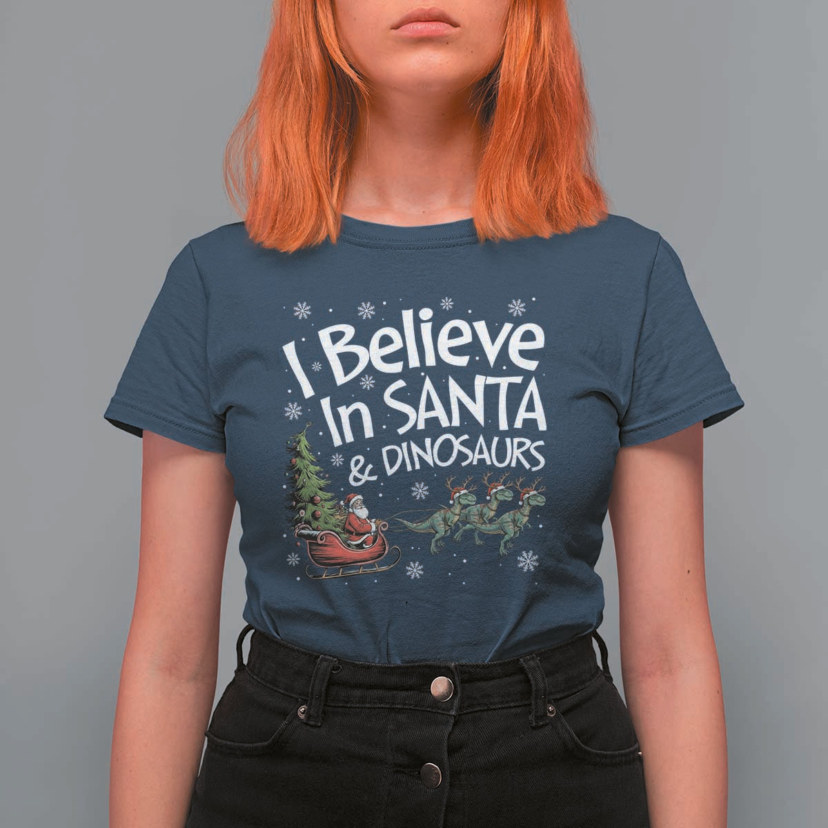 Funny Christmas Dino T Shirt For Women I Believe In Santa And Dinosaur - Wonder Print Shop