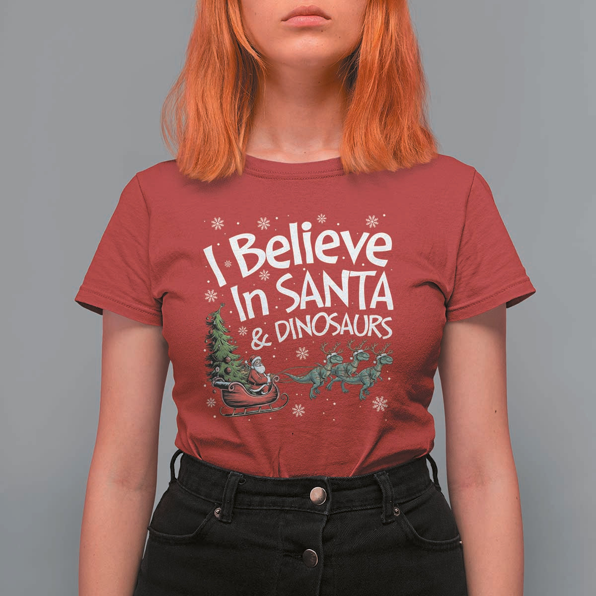 Funny Christmas Dino T Shirt For Women I Believe In Santa And Dinosaur - Wonder Print Shop