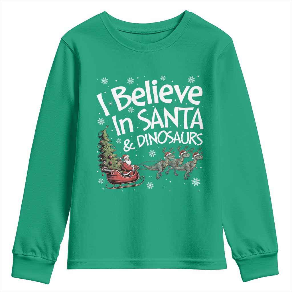 Funny Christmas Dino Youth Sweatshirt I Believe In Santa And Dinosaur - Wonder Print Shop