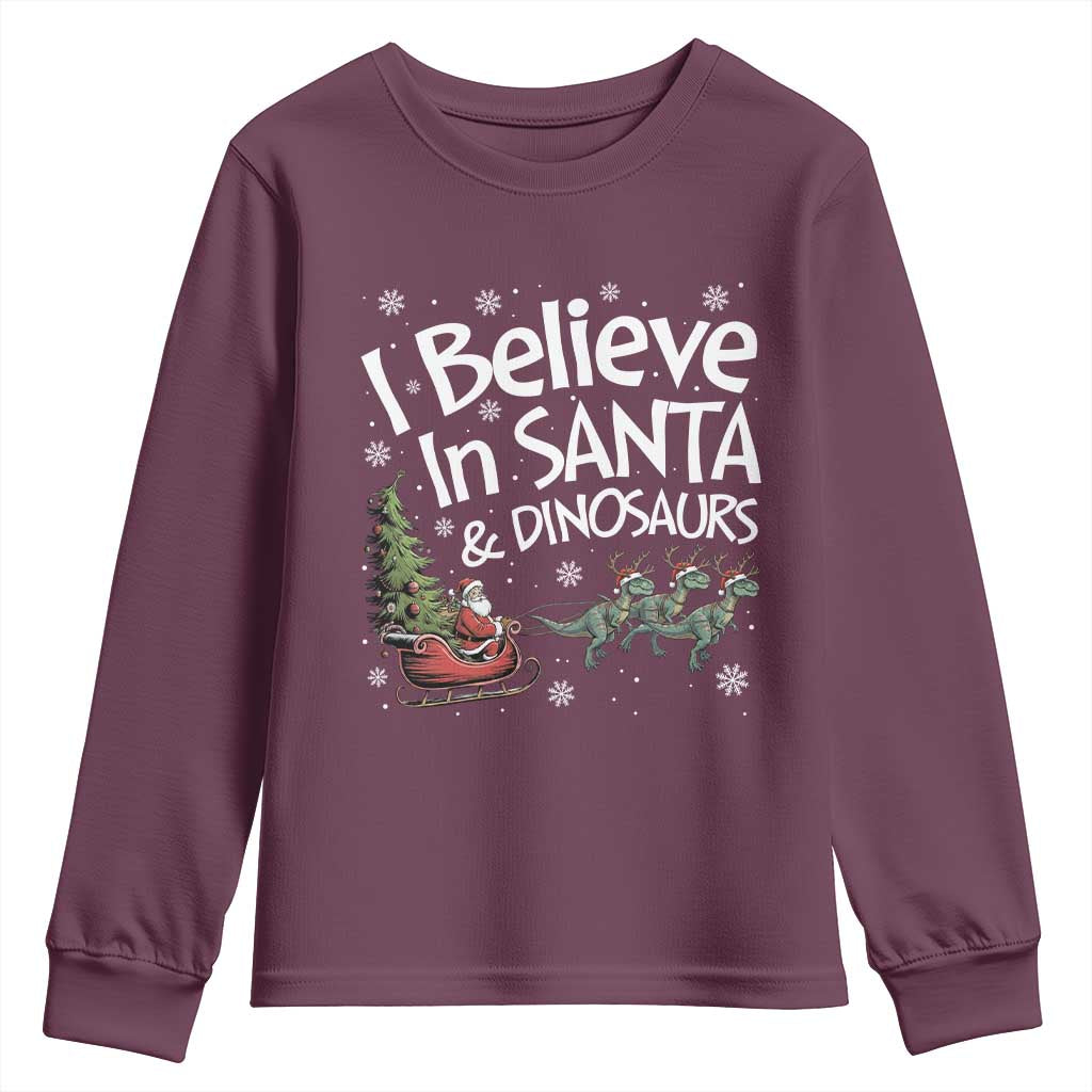 Funny Christmas Dino Youth Sweatshirt I Believe In Santa And Dinosaur - Wonder Print Shop