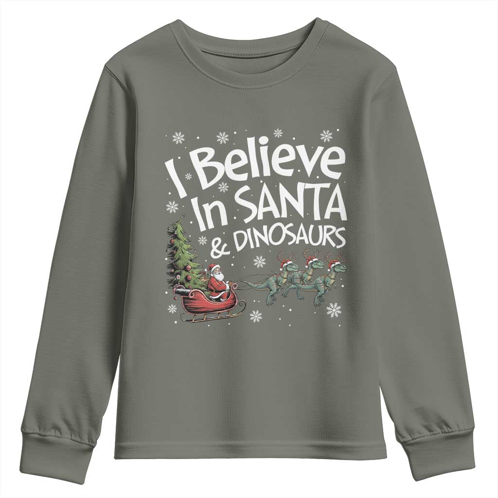 Funny Christmas Dino Youth Sweatshirt I Believe In Santa And Dinosaur - Wonder Print Shop