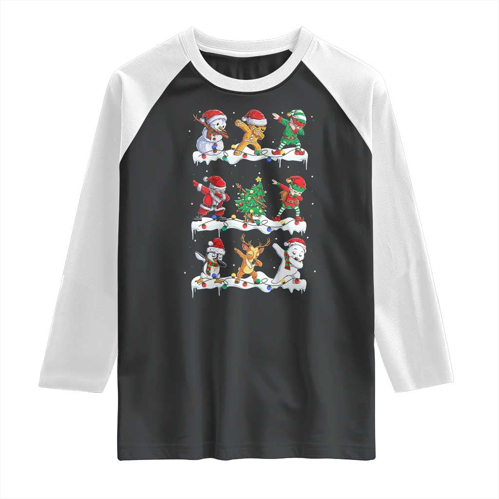 Dabbing Santa Elf Friends Christmas Light Raglan Shirt - Wonder Print Shop