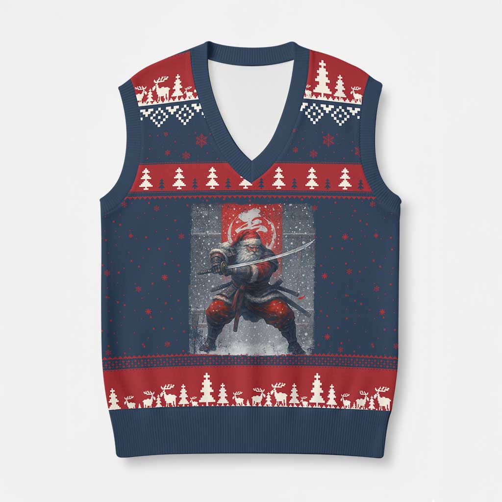 Xmas Samurai Santa V-Neck Knit Sweater Vest Japanese Xmas Warrior Sword Katana - Wonder Print Shop