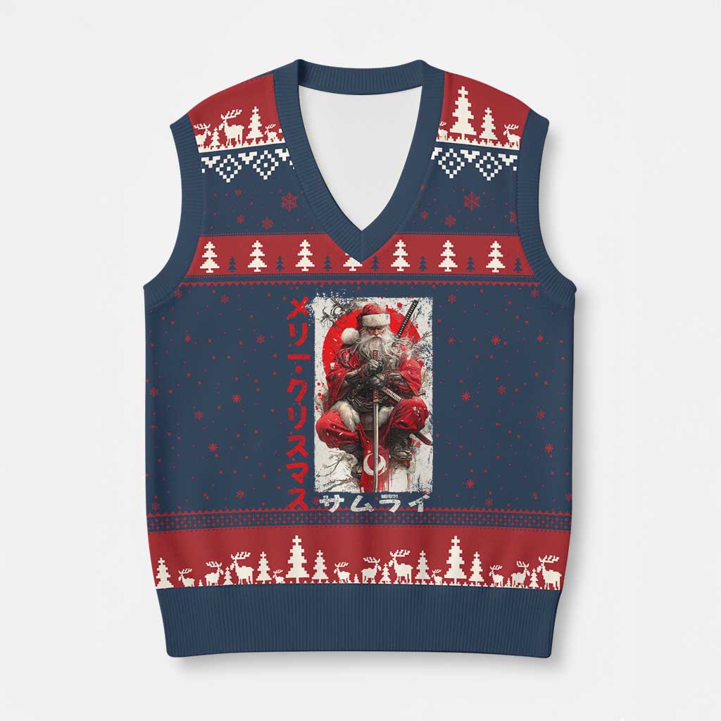 Xmas Samurai Santa V-Neck Knit Sweater Vest Japanese Xmas Warrior Ukiyo-e Art - Wonder Print Shop