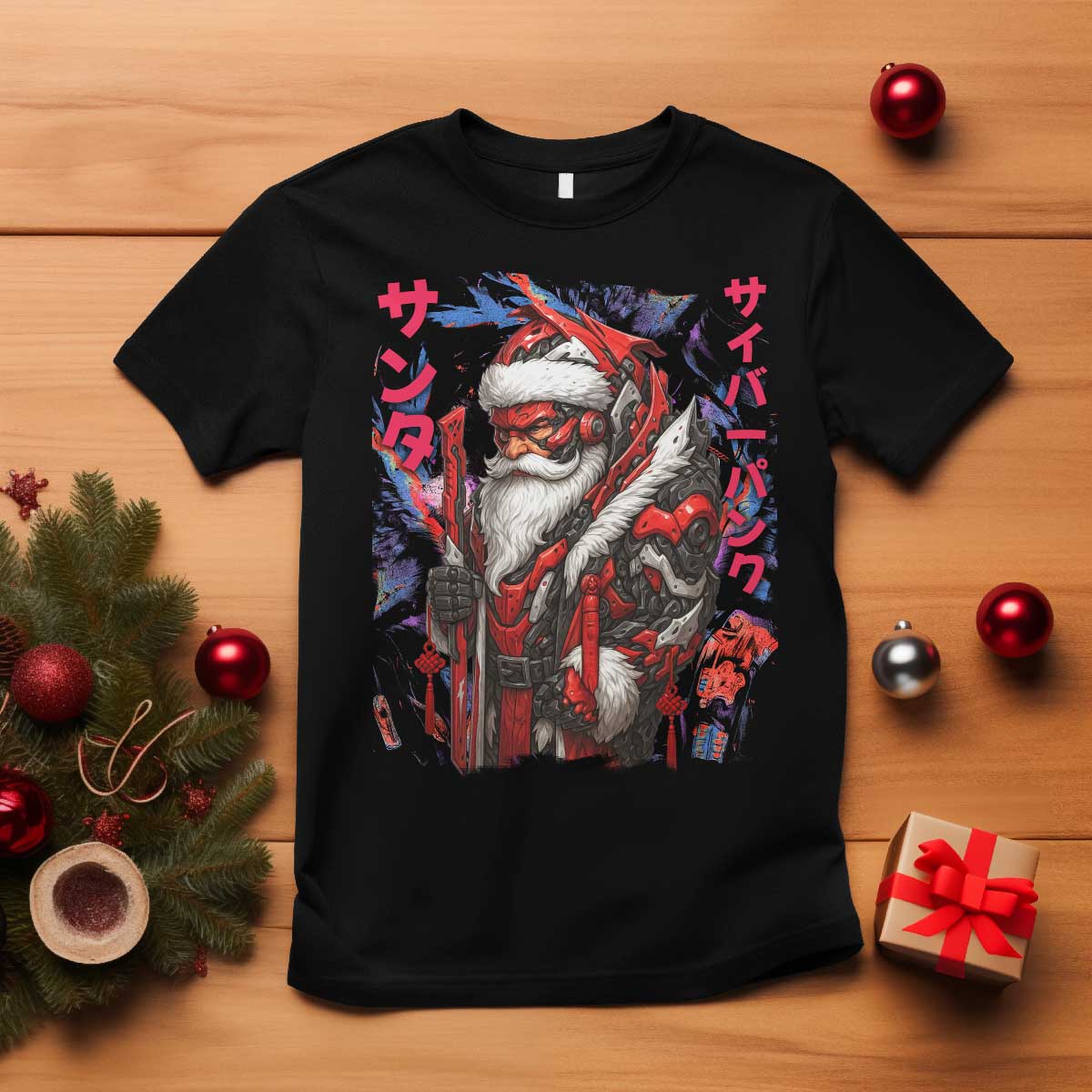 Christmas Cyberpunk Santa T Shirt Japanese Xmas Techwear Manga Anime - Wonder Print Shop