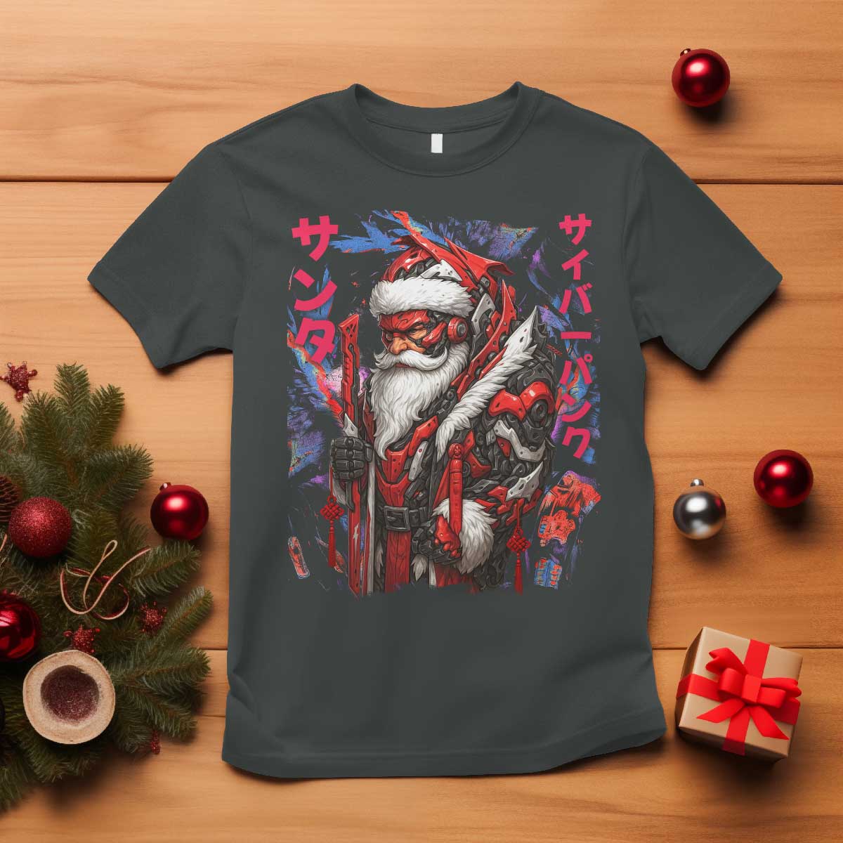 Christmas Cyberpunk Santa T Shirt Japanese Xmas Techwear Manga Anime - Wonder Print Shop
