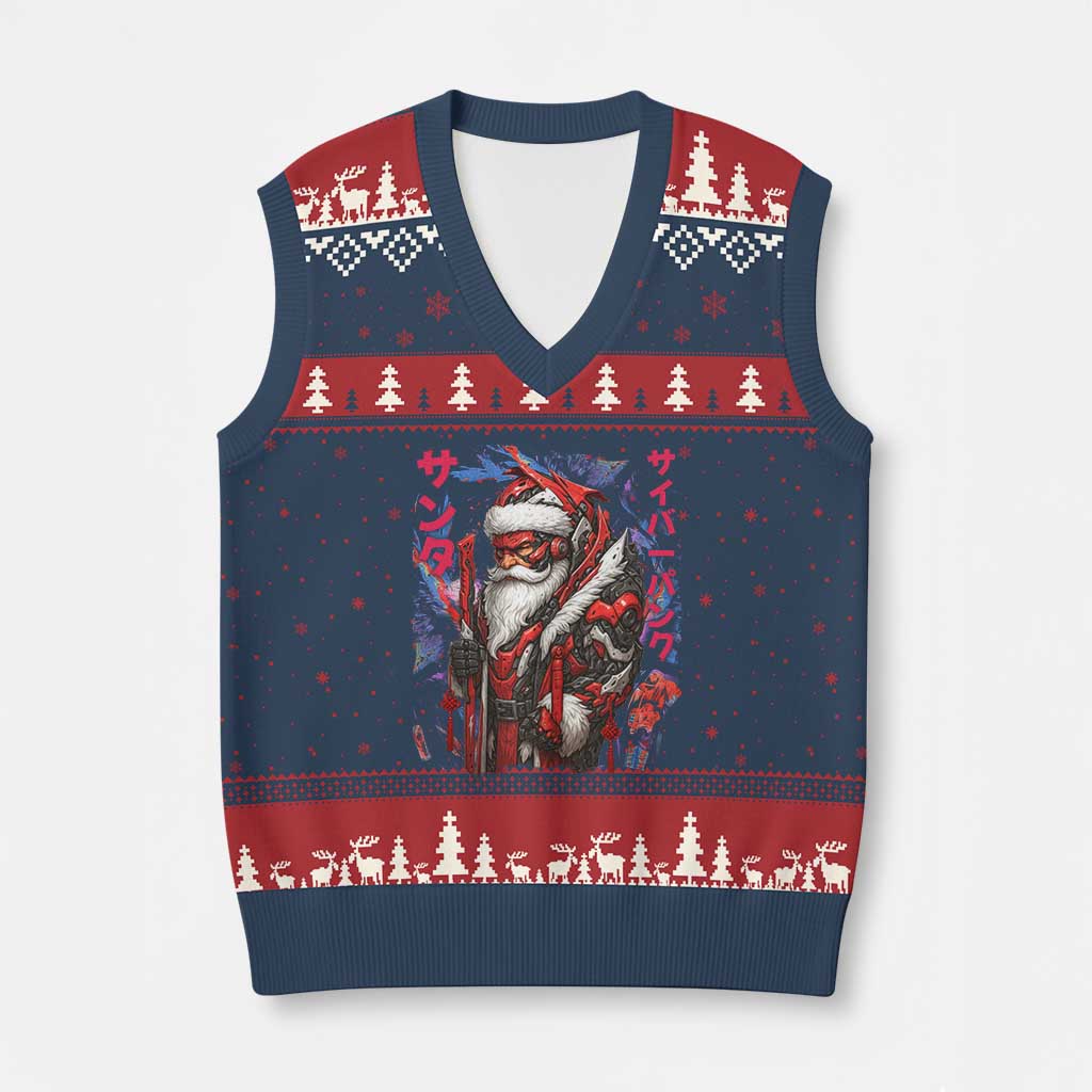 Xmas Cyberpunk Santa V-Neck Knit Sweater Vest Japanese Xmas Techwear Manga Anime - Wonder Print Shop