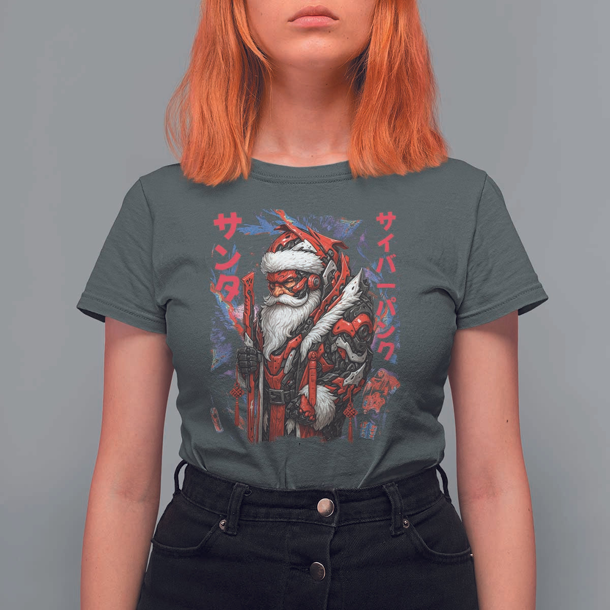 Christmas Cyberpunk Santa T Shirt For Women Japanese Xmas Techwear Manga Anime - Wonder Print Shop