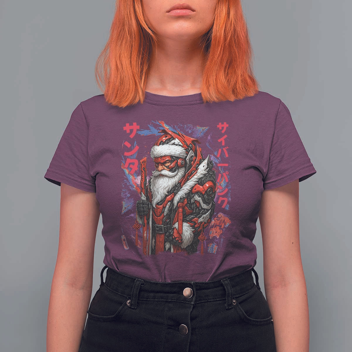 Christmas Cyberpunk Santa T Shirt For Women Japanese Xmas Techwear Manga Anime - Wonder Print Shop