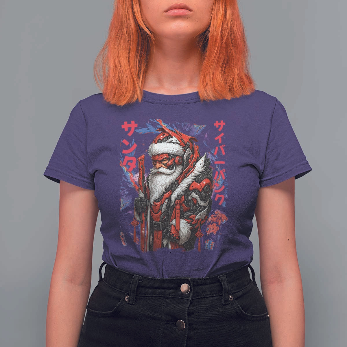 Christmas Cyberpunk Santa T Shirt For Women Japanese Xmas Techwear Manga Anime - Wonder Print Shop