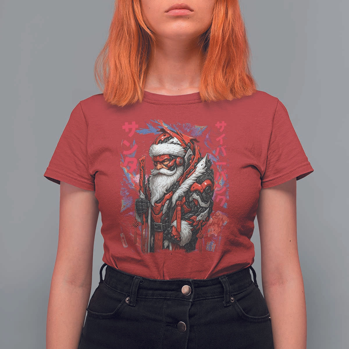 Christmas Cyberpunk Santa T Shirt For Women Japanese Xmas Techwear Manga Anime - Wonder Print Shop