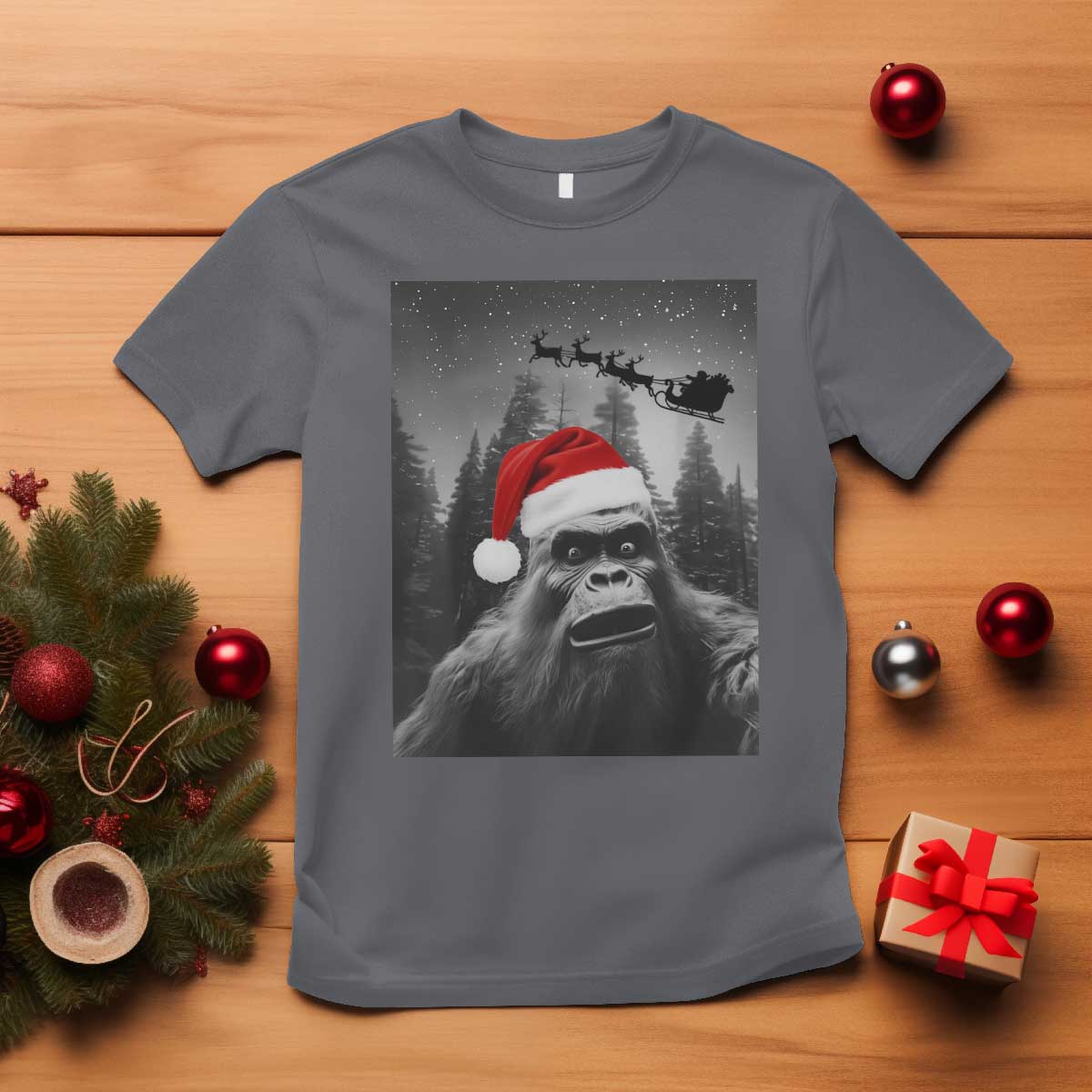 Funny Bigfoot Santas Sleigh Selfie Christmas T Shirt - Wonder Print Shop